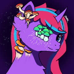 Size: 500x500 | Tagged: safe, artist:morrigun, oc, oc only, pony, unicorn, eyes open, female, halloween 2022, horn, mare, mushroom, signature, solo