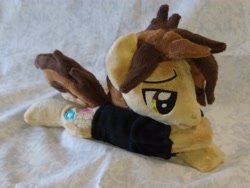 Size: 4096x3072 | Tagged: safe, artist:bluedragonflyplush, earth pony, pony, beanie (plushie), clothes, commission, hoodie, horn, irl, lying down, male, panic! at the disco, photo, plushie, ponified, prone, ryan ross, shirt, solo, stallion, t-shirt