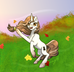 Size: 1000x966 | Tagged: safe, artist:nutmeg04, oc, oc only, pony, unicorn, autumn, female, horn, leaves, mare, raised leg, simple background, solo, standing on two hooves, unicorn oc, waving