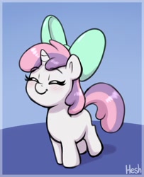 Size: 1509x1857 | Tagged: safe, artist:heretichesh, sweetie belle, pony, unicorn, g4, alternate hairstyle, blushing, bow, cute, diasweetes, female, filly, foal, gradient background, hair bow, mane swap, signature, smiling, solo