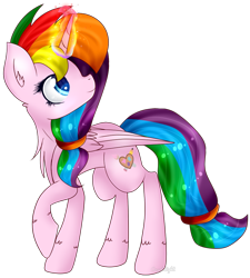 Size: 831x924 | Tagged: safe, artist:angellightyt, oc, oc only, alicorn, pony, alicorn oc, female, glowing, glowing horn, horn, looking back, mare, multicolored hair, rainbow hair, raised hoof, simple background, solo, transparent background, wings