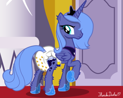 Size: 1280x1024 | Tagged: safe, artist:thunderdasher07, princess luna, alicorn, pony, g4, april fools 2023, butt, butt focus, crescent moon, crown, diaper, diaper butt, diaper fetish, diapered, door, ear fluff, female, fetish, hallway, hoof shoes, jewelry, leg fluff, mare, moon, multiple variants, non-baby in diaper, peytral, pillar, plushie, poofy diaper, raised hoof, rear view, regalia, s1 luna, show accurate, solo, tail, tail hole, teddy bear