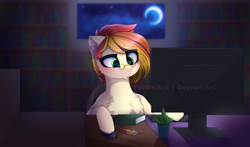 Size: 2893x1700 | Tagged: safe, artist:taiweiart, oc, oc only, earth pony, pony, bust, crescent moon, ear fluff, glasses, indoors, library, male, moon, solo, stallion