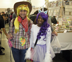 Size: 2849x2462 | Tagged: safe, applejack, rarity, g4, clothes, comic con, cosplay, costume, duo, female, high res, photo, smiling