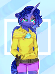 Size: 768x1024 | Tagged: safe, artist:taiweiart, oc, oc only, oc:eclipse cinaed, alicorn, anthro, abstract background, alicorn oc, belt, clothes, facial hair, frown, gun, handgun, holster, horn, male, shorts, solo, tattoo, watermark, wings