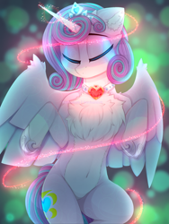 Size: 1875x2500 | Tagged: safe, artist:taiweiart, princess flurry heart, alicorn, pony, g4, abstract background, chest fluff, coat markings, colored ear fluff, colored wings, crown, ear fluff, eyes closed, female, hoof shoes, jewelry, magic, mare, older, older flurry heart, pale belly, princess shoes, regalia, socks (coat markings), solo, swirls, swirly markings, two toned wings, wings