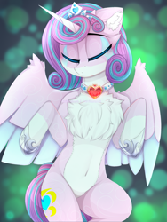 Size: 1875x2500 | Tagged: safe, alternate version, artist:taiweiart, princess flurry heart, alicorn, pony, g4, abstract background, belly button, bipedal, chest fluff, coat markings, colored ear fluff, colored horn, colored wings, crown, ear fluff, eyes closed, female, hoof shoes, horn, jewelry, mare, older, older flurry heart, pale belly, partially open wings, princess shoes, regalia, socks (coat markings), solo, swirls, swirly markings, two toned wings, wings