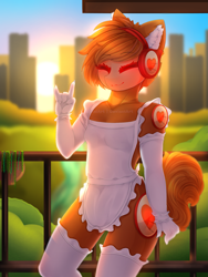 Size: 1875x2500 | Tagged: safe, artist:taiweiart, cyborg, protogen, anthro, apron, clothes, ear fluff, evening gloves, gloves, headphones, long gloves, naked apron, outdoors, partial nudity, peace sign, ponified, smiling, solo