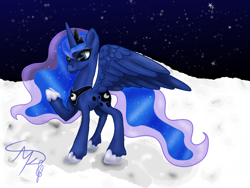 Size: 800x600 | Tagged: safe, artist:nutmeg04, princess luna, alicorn, pony, g4, ethereal mane, female, mare, on the moon, raised hoof, solo, spread wings, starry background, starry mane, starry tail, tail, wings