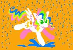 Size: 1316x900 | Tagged: safe, artist:msponies, quackers, pegasus, pony, g1, female, looking at you, mare, ms paint, puddle, race swap, rain, requested art, smiling, smiling at you, solo, splash, splashing, spread wings, tail, water, wings