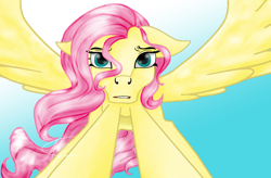 Size: 874x574 | Tagged: safe, artist:nutmeg04, fluttershy, pegasus, pony, g4, female, lip bite, looking at you, mare, reaching, simple background, solo, spread wings, wings