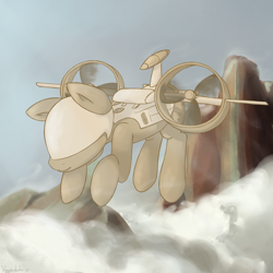 Size: 2500x2500 | Tagged: dead source, safe, artist:keeponhatin, oc, oc only, oc:droner, original species, plane pony, pony, ares drone, cloud, cloudy, detailed background, drone, floating, flying, high res, looking at something, no eyes, plane, propeller, scenery, solo, water, waterfall