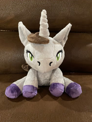 Size: 3024x4032 | Tagged: safe, artist:4everlovedcreationco, pony, unicorn, colored hooves, disguise, disguised siren, horn, irl, kellin quinn, male, photo, plushie, ponified, sitting, sleeping with sirens, slit pupils, solo, stallion