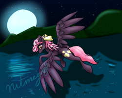 Size: 1800x1450 | Tagged: safe, artist:nutmeg04, shoreline, oc, oc only, pegasus, pony, female, flying, full moon, looking at you, looking back, looking back at you, mare, moon, mountain, mountain range, solo, starry sky, wave