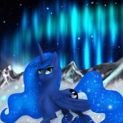 Size: 2048x2048 | Tagged: safe, artist:nutmeg04, princess luna, alicorn, pony, g4, aurora borealis, ethereal mane, female, high res, looking at you, mare, mountain, mountain range, side view, solo, starry mane, starry sky, starry tail, tail, winter