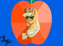 Size: 765x563 | Tagged: safe, artist:nutmeg04, applejack, earth pony, pony, g4, apple, bust, female, food, hat, looking at you, mare, simple background, solo