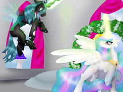 Size: 1600x1200 | Tagged: safe, artist:nutmeg04, princess celestia, queen chrysalis, alicorn, changeling, pony, g4, canterlot, duo, facing each other, female, glowing, glowing horn, horn, mare, royal wedding, stare