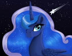 Size: 2975x2326 | Tagged: safe, artist:nutmeg04, princess luna, alicorn, pony, g4, ethereal mane, female, high res, looking at you, mare, solo, starry background, starry mane