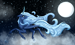 Size: 4812x2887 | Tagged: safe, artist:nutmeg04, princess luna, alicorn, pony, g4, ethereal mane, female, full moon, glowing, glowing horn, horn, looking back, mare, moon, side view, solo, starry background, starry mane, starry tail, tail