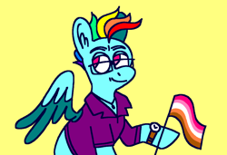 Size: 1316x900 | Tagged: safe, artist:msponies, rainbow dash, pegasus, pony, g4, butch, clothes, female, glasses, lesbian pride flag, looking away, mare, ms paint, pride, pride flag, requested art, shirt, simple background, smiling, solo, spread wings, watch, wings, yellow background