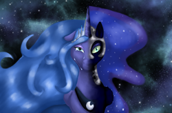 Size: 3727x2440 | Tagged: safe, artist:nutmeg04, nightmare moon, princess luna, alicorn, pony, g4, bust, ethereal mane, female, high res, mare, portrait, sad, solo, starry background, starry mane, wavy mane