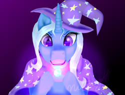 Size: 2975x2247 | Tagged: safe, artist:nutmeg04, trixie, pony, unicorn, g4, artifact, cape, clothes, female, hat, high res, holding, magic, mare, simple background, solo, stare, trixie's cape, trixie's hat