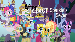 Size: 1280x720 | Tagged: safe, artist:mlp-silver-quill, applejack, fluttershy, pinkie pie, rainbow dash, rarity, spike, twilight sparkle, alicorn, dragon, earth pony, pegasus, pony, unicorn, after the fact, after the fact:sparkle's seven, g4, alternate hairstyle, applejack also dresses in style, canterlot, clothes, costume, dangerous mission outfit, goggles, hoodie, mane seven, mane six, megaradash, piñata costume, rainbow dash always dresses in style, rainbow dash is not amused, royal guard rarity, title card, twilight sparkle (alicorn), unamused, winged spike, wings, zipper