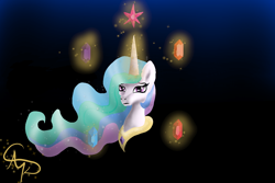 Size: 1200x800 | Tagged: safe, artist:nutmeg04, princess celestia, alicorn, pony, g4, bust, element of generosity, element of honesty, element of kindness, element of laughter, element of loyalty, element of magic, elements of harmony, female, frown, glowing, glowing horn, horn, jewelry, mare, regalia, sad, simple background, solo