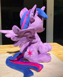Size: 1662x2048 | Tagged: safe, artist:rtryart, twilight sparkle, alicorn, pony, g4, female, horn, irl, mare, photo, plushie, sitting, smiling, solo, spread wings, twilight sparkle (alicorn), wings