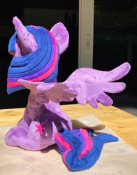 Size: 1606x2048 | Tagged: safe, artist:rtryart, twilight sparkle, alicorn, pony, g4, female, horn, irl, mare, photo, plushie, sitting, smiling, solo, spread wings, twilight sparkle (alicorn), wings