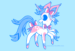 Size: 1316x900 | Tagged: safe, artist:msponies, pony, sylveon, unicorn, bow, freckles, light blue background, male, ms paint, open mouth, open smile, pokémon, raised hoof, simple background, smiling, solo, species swap, tail, tail bow, unshorn fetlocks