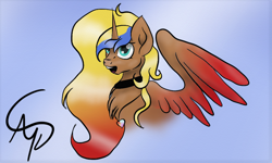 Size: 1000x600 | Tagged: safe, artist:nutmeg04, oc, oc only, alicorn, pony, choker, female, mare, multicolored hair, simple background, solo, spread wings, wings