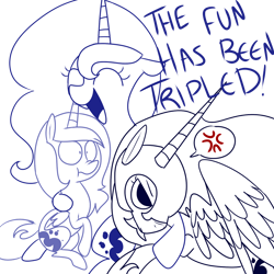 Size: 1024x1024 | Tagged: safe, artist:chandelurres, nightmare moon, princess luna, alicorn, pony, g4, cross-popping veins, emanata, female, filly, hug, mare, monochrome, pictogram, self paradox, self ponidox, simple background, the fun has been doubled, trio, white background, woona, younger