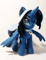 Size: 1920x2506 | Tagged: safe, artist:doctorkoda, princess luna, alicorn, pony, g4, alternate design, bell, collar, female, high res, horn, irl, mare, photo, plushie, solo, spread wings, standing, wings