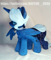 Size: 1920x2242 | Tagged: safe, artist:doctorkoda, princess luna, alicorn, pony, g4, alternate design, bell, collar, female, horn, irl, mare, photo, plushie, solo, spread wings, standing, wings