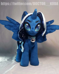 Size: 1920x2417 | Tagged: safe, artist:doctorkoda, princess luna, alicorn, pony, g4, alternate design, bell, collar, female, horn, irl, mare, photo, plushie, solo, spread wings, standing, wings