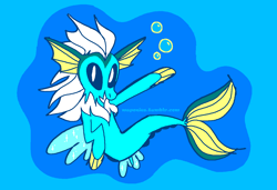 Size: 1316x900 | Tagged: safe, artist:msponies, seapony (g4), vaporeon, bubble, dorsal fin, fin, fins, fish tail, flowing tail, looking at you, ms paint, ocean, open mouth, open smile, pokémon, requested art, seaponified, smiling, solo, species swap, swimming, tail, tail fin, underwater, water