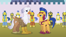 Size: 1280x720 | Tagged: safe, artist:mlp-silver-quill, flash sentry, oc, oc:silver quill, pegasus, pony, unicorn, after the fact, after the fact:sparkle's seven, g4, canterlot, male, royal guard, stallion, unicorn royal guard