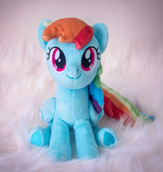 Size: 909x958 | Tagged: safe, artist:buttercupbabyppg, rainbow dash, pegasus, pony, g4, female, folded wings, irl, mare, photo, plushie, sitting, smiling, solo, wings