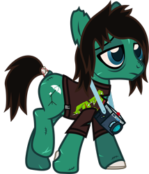 Size: 916x1072 | Tagged: safe, artist:lightningbolt, derpibooru exclusive, earth pony, pony, undead, zombie, zombie pony, g4, .svg available, bags under eyes, bloodshot eyes, bone, bring me the horizon, camera, clothes, colored pupils, frown, lidded eyes, male, ponified, scar, shirt, show accurate, simple background, solo, stallion, stitches, svg, t-shirt, tail bone, tom sykes, torn clothes, torn ear, transparent background, vector, walking
