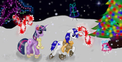 Size: 1024x524 | Tagged: safe, artist:nutmeg04, twilight sparkle, oc, pony, unicorn, g4, candy, candy cane, christmas, christmas lights, christmas tree, clothes, coat, concentrating, earmuffs, female, food, holiday, male, mare, raised hoof, scarf, side view, snow, snowfall, stallion, tree