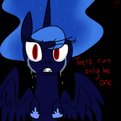 Size: 1024x1024 | Tagged: safe, artist:chandelurres, nightmare moon, alicorn, pony, g4, crying, dialogue, female, mare, simple background, solo