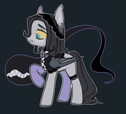 Size: 2057x1857 | Tagged: safe, artist:shika, oc, oc only, bat pony, pony, bat wings, clothes, colored sclera, cross, dark gray background, ear fluff, ear piercing, earring, fangs, female, folded wings, frown, goth, jewelry, mare, piercing, raised hoof, simple background, solo, wings