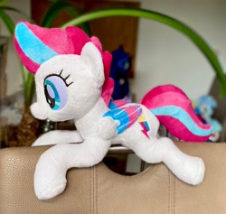 Size: 2048x1942 | Tagged: safe, artist:rtryart, zipp storm, pegasus, pony, g4, g5, adorazipp, colored wings, colored wingtips, cute, female, folded wings, g5 to g4, generation leap, irl, lying down, mare, photo, plushie, prone, solo, wings