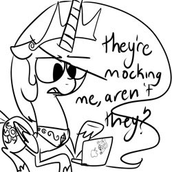 Size: 1024x1024 | Tagged: safe, artist:chandelurres, applejack, princess celestia, alicorn, earth pony, pony, g4, apple (company), computer, dialogue, female, hat, horn, mare, simple background, wings