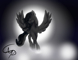 Size: 1300x1000 | Tagged: safe, artist:nutmeg04, oc, oc:blueheart, pegasus, pony, eyes closed, monochrome, pegasus oc, simple background, solo, spread wings, turned head, wings