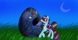 Size: 1366x698 | Tagged: safe, artist:nutmeg04, princess luna, oc, oc:nutmeg, earth pony, pony, g4, earth pony oc, easter, easter egg, grass, grass field, holiday, multicolored hair, painting, simple background, solo