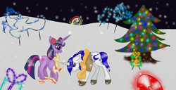 Size: 2000x1022 | Tagged: safe, artist:nutmeg04, derpy hooves, twilight sparkle, oc, pegasus, pony, unicorn, g4, christmas, christmas lights, christmas tree, clothes, earmuffs, exhausted, female, hat, holiday, male, mare, santa hat, scarf, snow, snowfall, stallion, tree