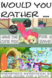 Size: 740x1104 | Tagged: safe, edit, edited screencap, screencap, apple bloom, rarity, twilight sparkle, earth pony, parasprite, pony, unicorn, g4, swarm of the century, the cutie pox, bag, cutie pox, female, fence, filly, fluttershy's cottage, foal, plate spinning, prehensile tail, saddle bag, tail, tail hold, text, unicorn twilight, weight lifting, weights, would you rather