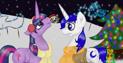 Size: 2000x1022 | Tagged: safe, artist:nutmeg04, derpy hooves, twilight sparkle, oc, alicorn, pegasus, pony, unicorn, g4, christmas, christmas lights, christmas tree, clothes, duo focus, earmuffs, hat, holiday, male, santa hat, scarf, snow, snowfall, stallion, tree, trio, unicorn twilight